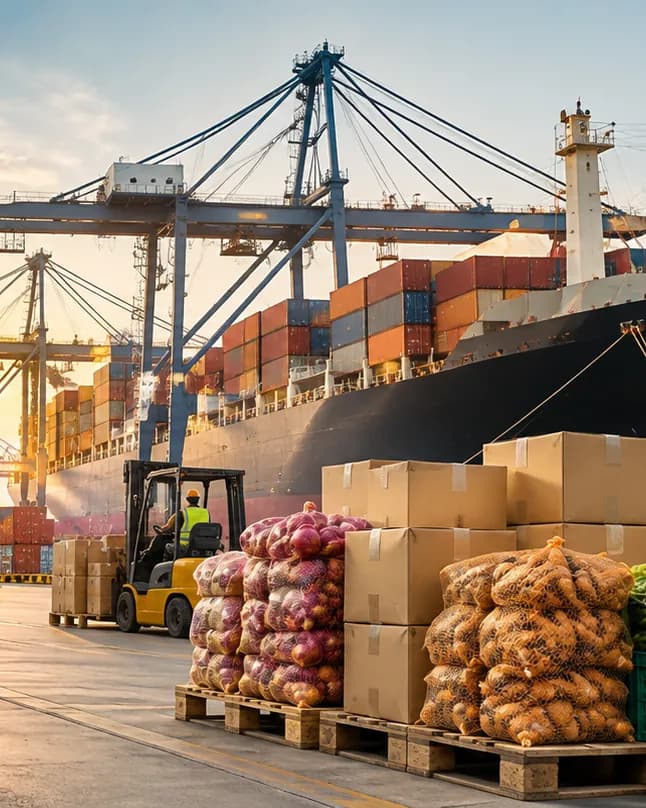 Pallets of onions and ginger beside a forklift and a container ship at a port