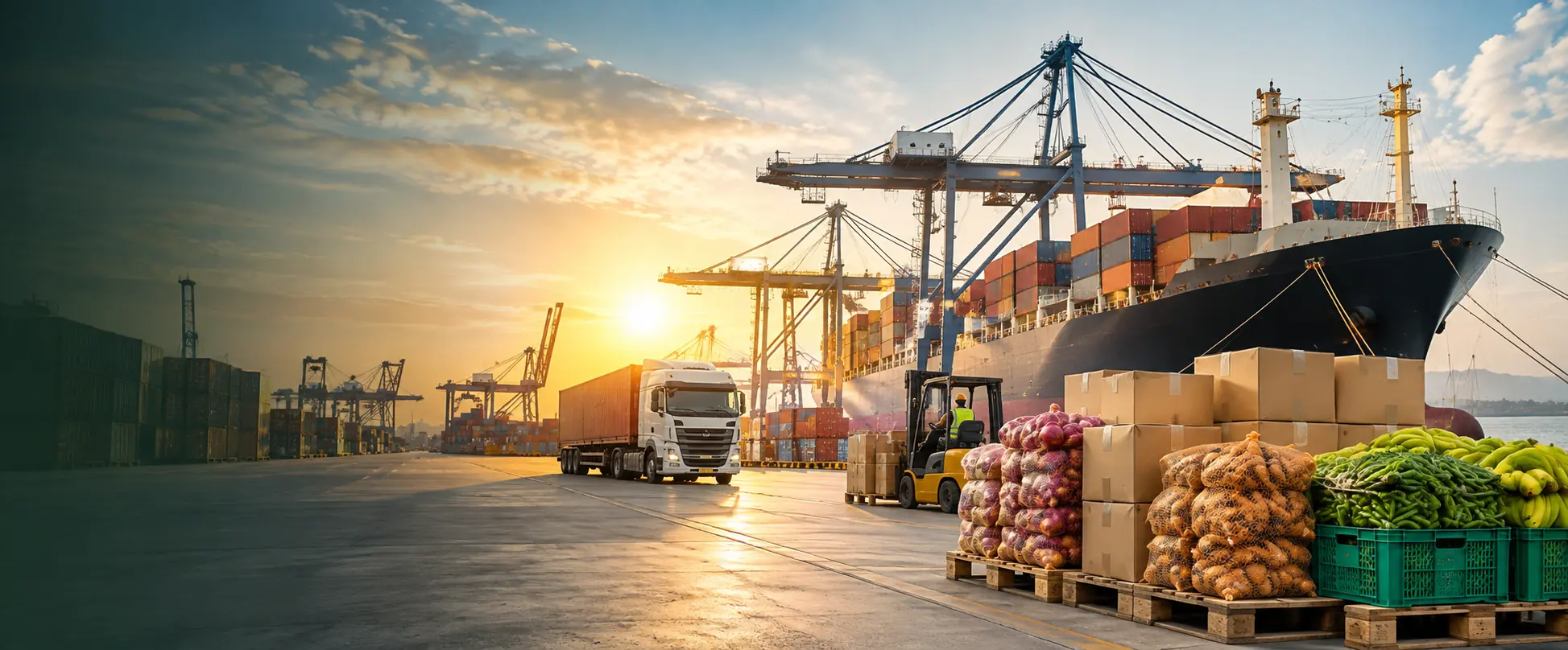 Container port at sunset with cranes, a cargo ship, a truck and a forklift beside pallets of onions, ginger, green vegetables and bananas