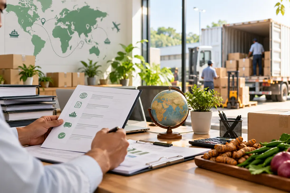 Export paperwork, a globe and fresh produce on a desk, with a truck being loaded behind