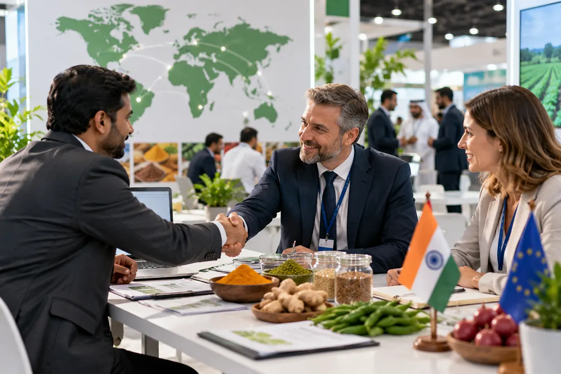 Buyers and suppliers meeting at a table with spice and produce samples, in front of a world map