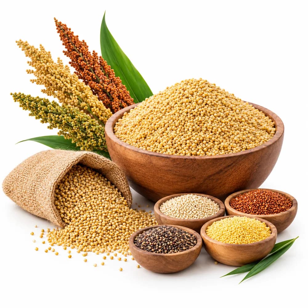 Assorted Indian millets in bowls and a burlap sack