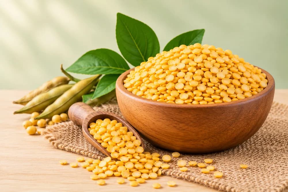A wooden bowl of split pigeon peas (tur dal) with a scoop